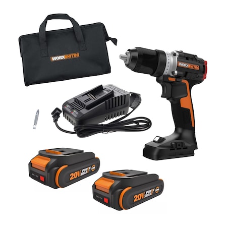 Worx Nitro 20V Compact Brushless 1/2in. Drill/Driver Kit with Charger and 2 Batteries WX130L